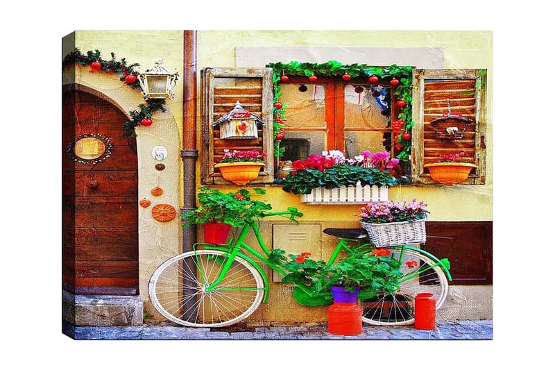 Canvastavla 70x100 cm - Färgglad cykel prydd med blommor och krukor framför en charmig vägg med fönster och dekorationer, Grön / Rosa / Orange