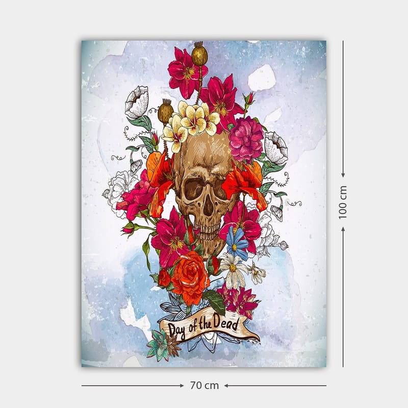 Canvastavla 70x100 cm - Färgglad dödskalle omgiven av blommor, symboliserande Día de los Muertos - Röd / Rosa / Gul - Inredning - Tavlor & posters - Canvastavla