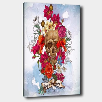 Canvastavla 70x100 cm - Färgglad dödskalle omgiven av blommor, symboliserande Día de los Muertos - Röd / Rosa / Gul - Inredning - Tavlor & posters - Canvastavla