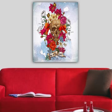 Canvastavla 70x100 cm - Färgglad dödskalle omgiven av blommor, symboliserande Día de los Muertos - Röd / Rosa / Gul - Inredning - Tavlor & posters - Canvastavla