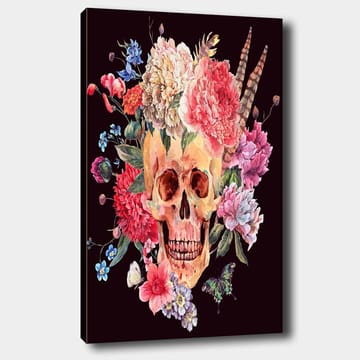 Canvastavla 70x100 cm - Färgglad dödskalle omgiven av blommor - Rosa / Gul / Grön - Inredning - Tavlor & posters - Canvastavla