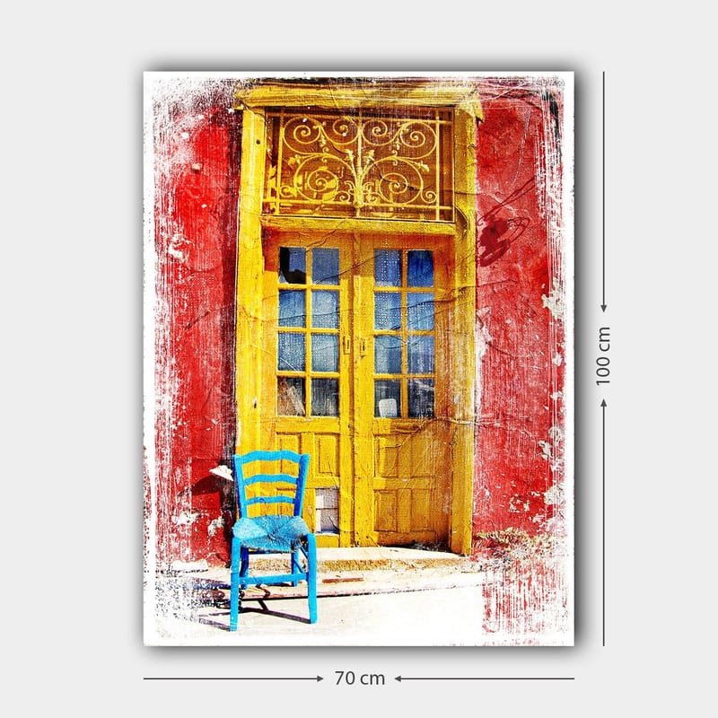 Canvastavla 70x100 cm - Färgglad dörr med en blå stol framför på en röd vägg - Gul / Röd / Blå - Inredning - Tavlor & posters - Canvastavla