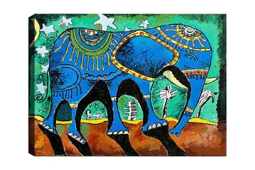 Canvastavla 70x100 cm - Färgglad elefant med dekorativa mönster och symboler - Blå / Grön / Brun - Inredning - Tavlor & posters - Canvastavla