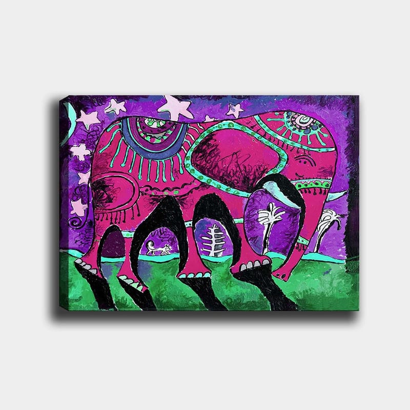 Canvastavla 70x100 cm - Färgglad elefant med dekorativa mönster och symboler - Lila / Rosa / Grön - Inredning - Tavlor & posters - Canvastavla