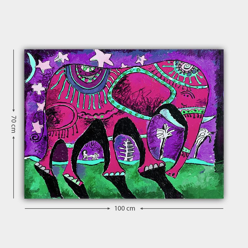 Canvastavla 70x100 cm - Färgglad elefant med dekorativa mönster och symboler - Lila / Rosa / Grön - Inredning - Tavlor & posters - Canvastavla