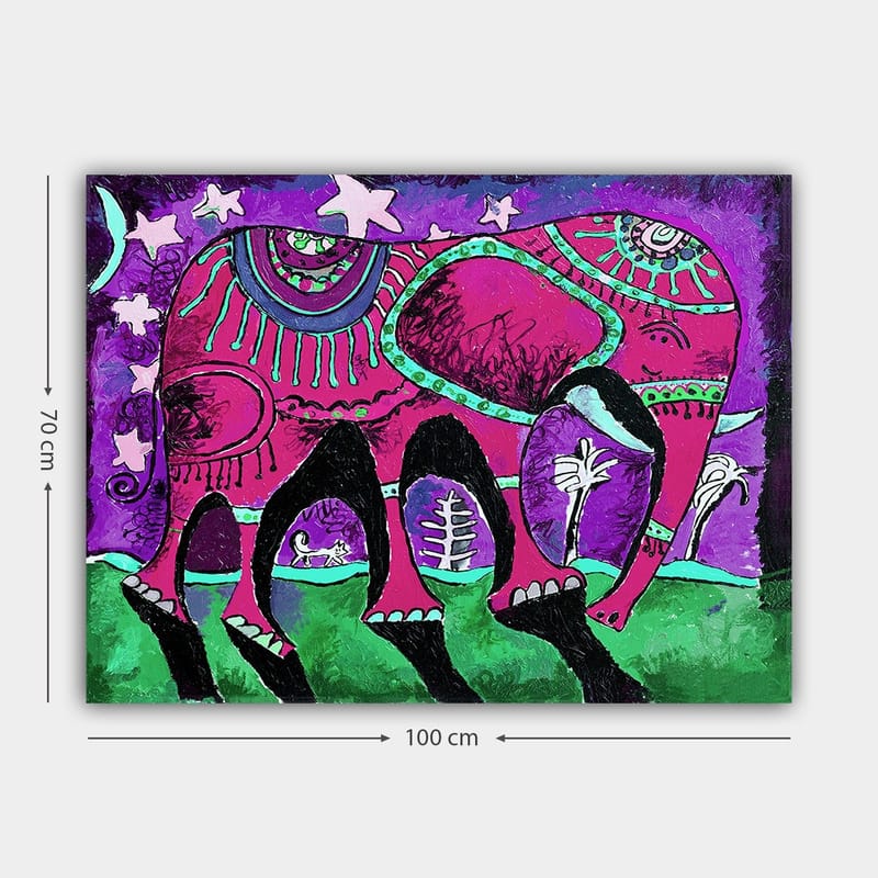 Canvastavla 70x100 cm - Färgglad elefant med dekorativa mönster och symboler - Lila / Rosa / Grön - Inredning - Tavlor & posters - Canvastavla