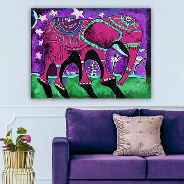 Canvastavla 70x100 cm - Färgglad elefant med dekorativa mönster och symboler - Lila / Rosa / Grön - Inredning - Tavlor & posters - Canvastavla