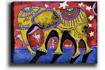 Canvastavla 70x100 cm - Färgglad elefant med dekorativa mönster på en livlig bakgrund - Gul / Röd / Blå - Inredning - Tavlor & posters - Canvastavla