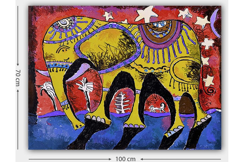 Canvastavla 70x100 cm - Färgglad elefant med dekorativa mönster på en livlig bakgrund - Gul / Röd / Blå - Inredning - Tavlor & posters - Canvastavla