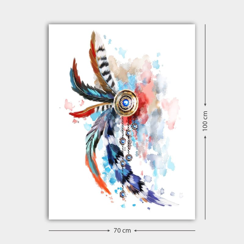 Canvastavla 70x100 cm - Färgglad fjäderprydnad med en central cirkel och hängande detaljer - Blå / Röd / Svart - Inredning - Tavlor & posters - Canvastavla