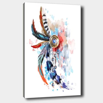 Canvastavla 70x100 cm - Färgglad fjäderprydnad med en central cirkel och hängande detaljer - Blå / Röd / Svart - Inredning - Tavlor & posters - Canvastavla