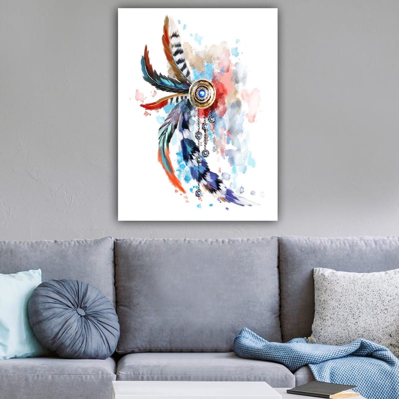 Canvastavla 70x100 cm - Färgglad fjäderprydnad med en central cirkel och hängande detaljer - Blå / Röd / Svart - Inredning - Tavlor & posters - Canvastavla
