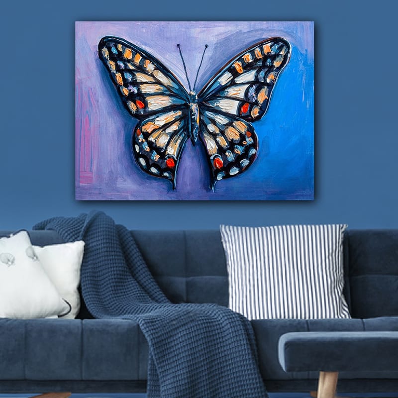 Canvastavla 70x100 cm - Färgglad fjäril med detaljerade mönster i vingar - Blå / Orange / Svart - Inredning - Tavlor & posters - Canvastavla