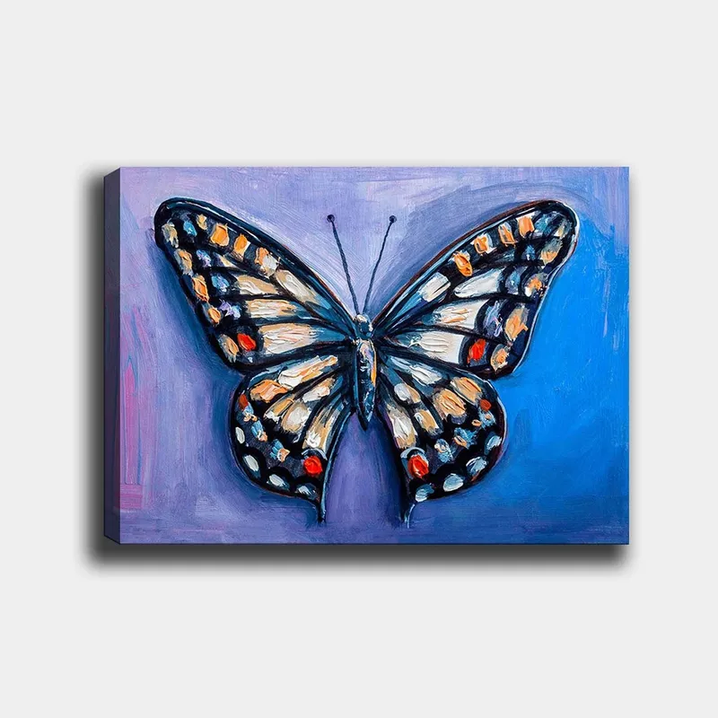 Canvastavla 70x100 cm - Färgglad fjäril med detaljerade mönster i vingar, Blå / Orange / Svart