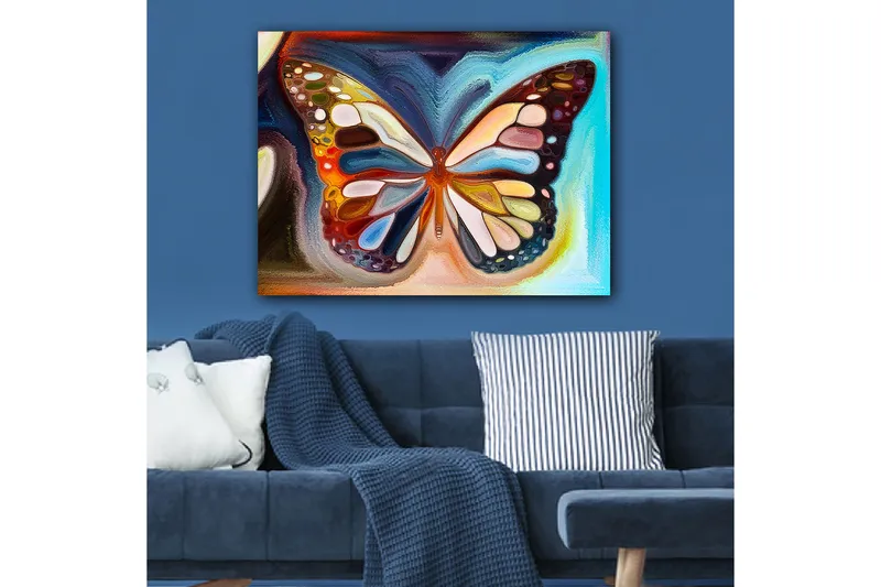 Canvastavla 70x100 cm - Färgglad fjäril med detaljerade vingar i olika nyanser, Orange / Blå / Vit