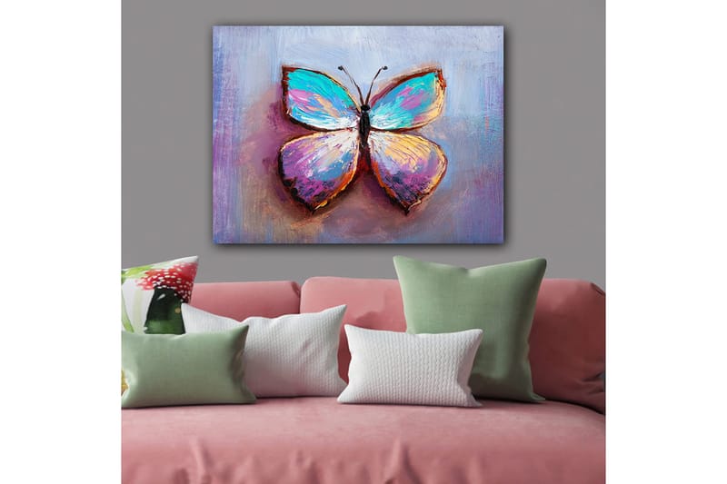 Canvastavla 70x100 cm - Färgglad fjäril med vackra mönster, Turkos / Lila / Orange