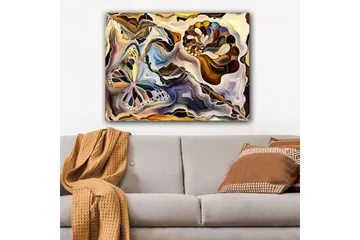 Canvastavla 70x100 cm - Färgglad fjäril och snäcka som svävar i en abstrakt komposition - Guld / Blå / Brun - Inredning - Tavlor & posters - Canvastavla