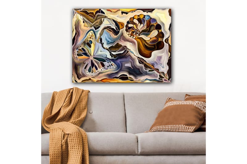 Canvastavla 70x100 cm - Färgglad fjäril och snäcka som svävar i en abstrakt komposition - Guld / Blå / Brun - Inredning - Tavlor & posters - Canvastavla