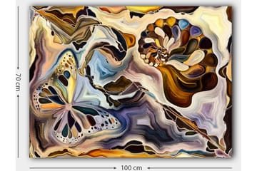 Canvastavla 70x100 cm - Färgglad fjäril och snäcka som svävar i en abstrakt komposition - Guld / Blå / Brun - Inredning - Tavlor & posters - Canvastavla