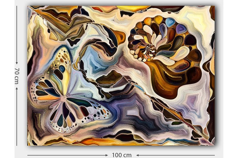 Canvastavla 70x100 cm - Färgglad fjäril och snäcka som svävar i en abstrakt komposition - Guld / Blå / Brun - Inredning - Tavlor & posters - Canvastavla