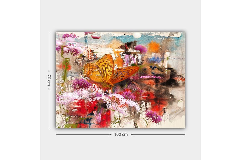 Canvastavla 70x100 cm - Färgglad fjäril som sitter på blommor i en livlig och abstrakt naturmiljö - Orange / Rosa / Röd - Inredning - Tavlor & posters - Canvastavla
