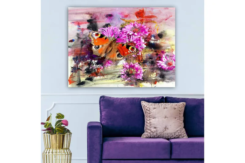 Canvastavla 70x100 cm - Färgglad fjäril som sitter på blommor i en abstrakt komposition - Orange / Rosa / Brun - Inredning - Tavlor & posters - Canvastavla