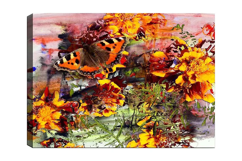 Canvastavla 70x100 cm - Färgglad fjäril som sitter på blommor i en livlig trädgård, Orange / Gult / Grönt