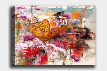 Canvastavla 70x100 cm - Färgglad fjäril som sitter på blommor i en livlig och abstrakt naturmiljö - Orange / Rosa / Röd - Inredning - Tavlor & posters - Canvastavla