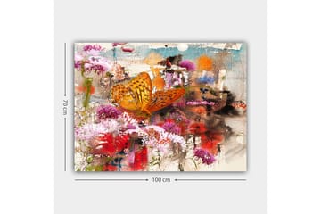 Canvastavla 70x100 cm - Färgglad fjäril som sitter på blommor i en livlig och abstrakt naturmiljö - Orange / Rosa / Röd - Inredning - Tavlor & posters - Canvastavla