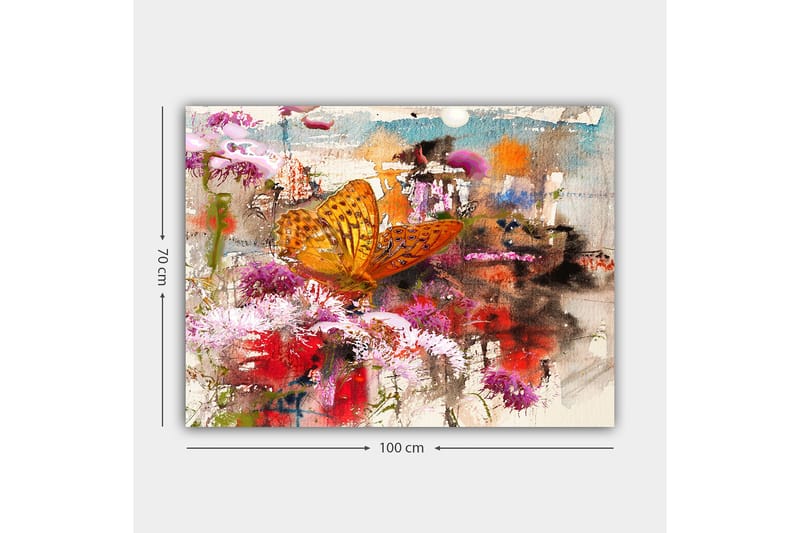 Canvastavla 70x100 cm - Färgglad fjäril som sitter på blommor i en livlig och abstrakt naturmiljö - Orange / Rosa / Röd - Inredning - Tavlor & posters - Canvastavla