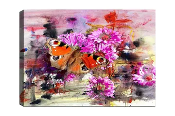 Canvastavla 70x100 cm - Färgglad fjäril som sitter på blommor i en abstrakt komposition - Orange / Rosa / Brun - Inredning - Tavlor & posters - Canvastavla