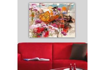 Canvastavla 70x100 cm - Färgglad fjäril som sitter på blommor i en livlig och abstrakt naturmiljö - Orange / Rosa / Röd - Inredning - Tavlor & posters - Canvastavla