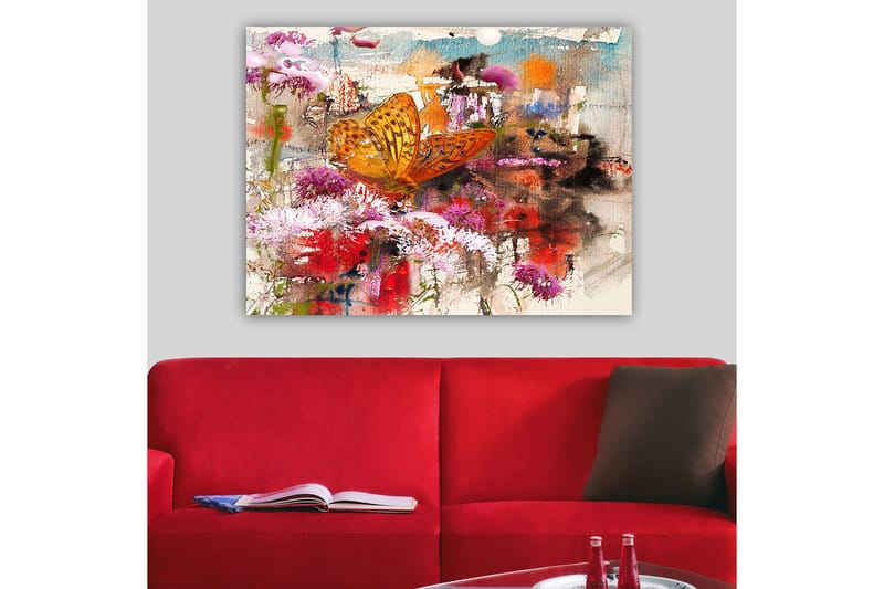Canvastavla 70x100 cm - Färgglad fjäril som sitter på blommor i en livlig och abstrakt naturmiljö - Orange / Rosa / Röd - Inredning - Tavlor & posters - Canvastavla