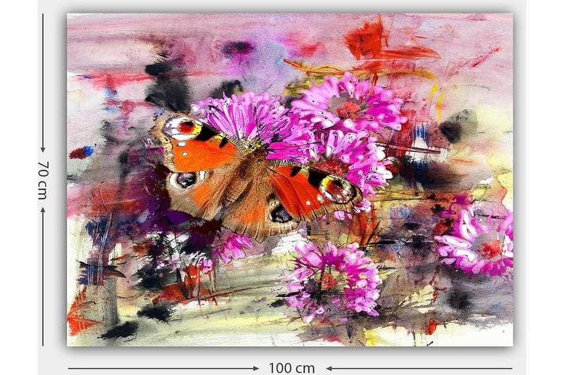 Canvastavla 70x100 cm - Färgglad fjäril som sitter på blommor i en abstrakt komposition - Orange / Rosa / Brun - Inredning - Tavlor & posters - Canvastavla