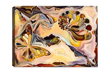 Canvastavla 70x100 cm - Färgglad fjäril som svävar över en spiralformad struktur i mjuka, organiska former - Guld / Brun / Orange - Inredning - Tavlor & posters - Canvastavla