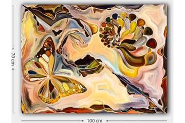Canvastavla 70x100 cm - Färgglad fjäril som svävar över en spiralformad struktur i mjuka, organiska former - Guld / Brun / Orange - Inredning - Tavlor & posters - Canvastavla