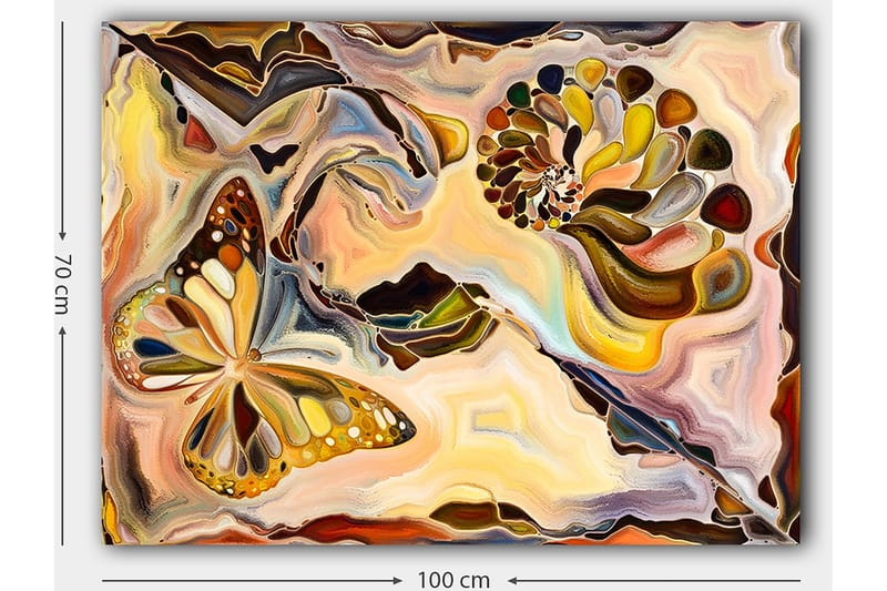 Canvastavla 70x100 cm - Färgglad fjäril som svävar över en spiralformad struktur i mjuka, organiska former - Guld / Brun / Orange - Inredning - Tavlor & posters - Canvastavla