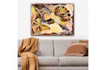 Canvastavla 70x100 cm - Färgglad fjäril som svävar över en spiralformad struktur i mjuka, organiska former - Guld / Brun / Orange - Inredning - Tavlor & posters - Canvastavla