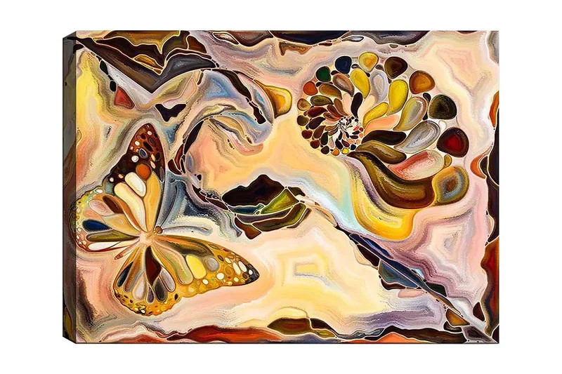 Canvastavla 70x100 cm - Färgglad fjäril som svävar över en spiralformad struktur i mjuka, organiska former, Guld / Brun / Orange