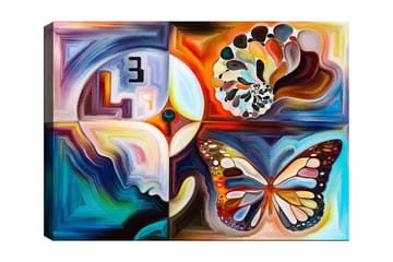Canvastavla 70x100 cm - Färgglad fjäril som symboliserar transformation, omgiven av abstrakta former och mönster - Blå / Orange / Vit - Inredning - Tavlor & posters - Canvastavla