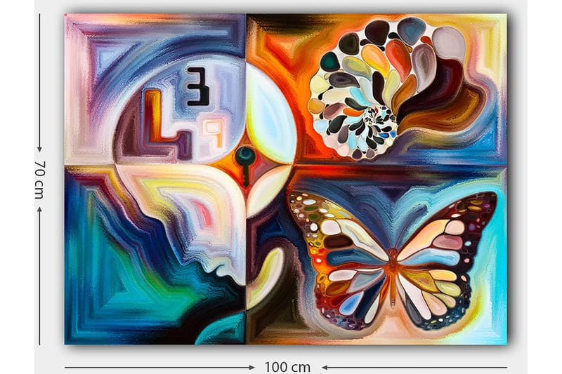 Canvastavla 70x100 cm - Färgglad fjäril som symboliserar transformation, omgiven av abstrakta former och mönster - Blå / Orange / Vit - Inredning - Tavlor & posters - Canvastavla
