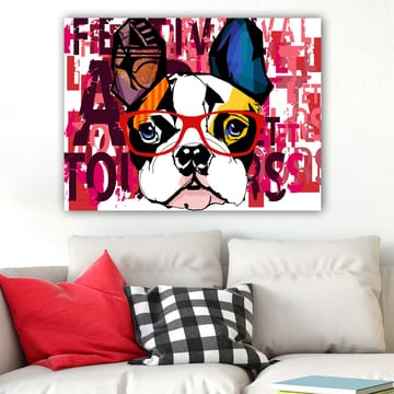 Canvastavla 70x100 cm - Färgglad fransk bulldog med glasögon och lekfulla detaljer - Vit / Svart / Röd - Inredning - Tavlor & posters - Canvastavla