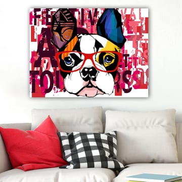 Canvastavla 70x100 cm - Färgglad fransk bulldog med glasögon och lekfulla detaljer - Vit / Svart / Röd - Inredning - Tavlor & posters - Canvastavla