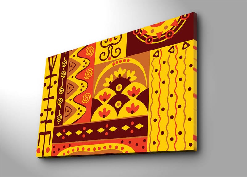 Canvastavla 70x100 cm - Färgglad geometrisk mönsterdesign med inslag av abstrakta former och symboler, Gult / Rött / Brunt