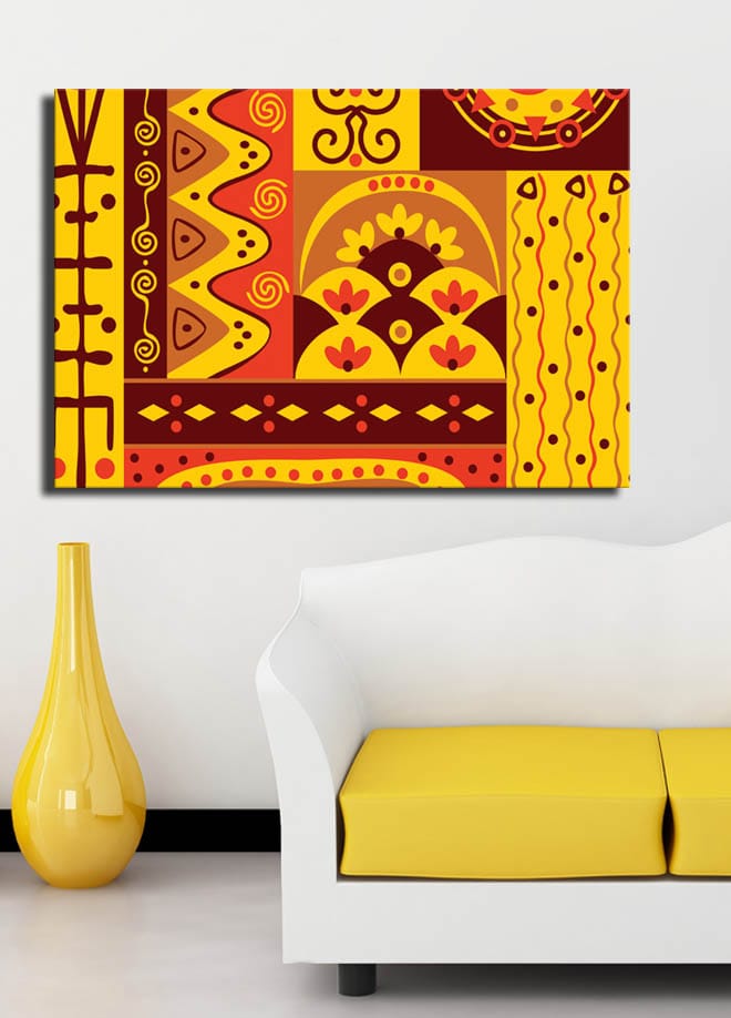 Canvastavla 70x100 cm - Färgglad geometrisk mönsterdesign med inslag av abstrakta former och symboler - Gult / Rött / Brunt - Inredning - Tavlor & posters - Canvastavla