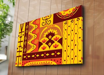 Canvastavla 70x100 cm - Färgglad geometrisk mönsterdesign med inslag av abstrakta former och symboler - Gult / Rött / Brunt - Inredning - Tavlor & posters - Canvastavla