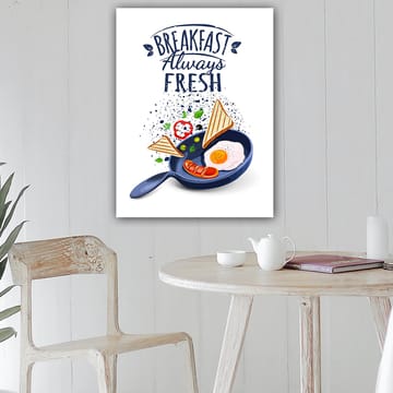 Canvastavla 70x100 cm - Färgglad illustration av en frukost med ägg, korv och rostat bröd i en stekpanna - Blå / Gul / Röd - Inredning - Tavlor & posters - Canvastavla
