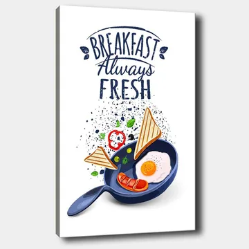 Canvastavla 70x100 cm - Färgglad illustration av en frukost med ägg, korv och rostat bröd i en stekpanna - Blå / Gul / Röd - Inredning - Tavlor & posters - Canvastavla
