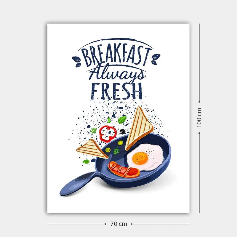 Canvastavla 70x100 cm - Färgglad illustration av en frukost med ägg, korv och rostat bröd i en stekpanna - Blå / Gul / Röd - Inredning - Tavlor & posters - Canvastavla