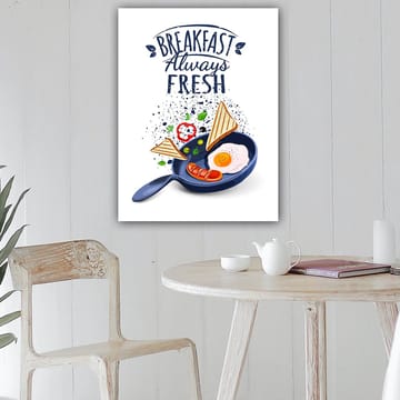 Canvastavla 70x100 cm - Färgglad illustration av en frukost med ägg, korv och rostat bröd i en stekpanna - Blå / Gul / Röd - Inredning - Tavlor & posters - Canvastavla